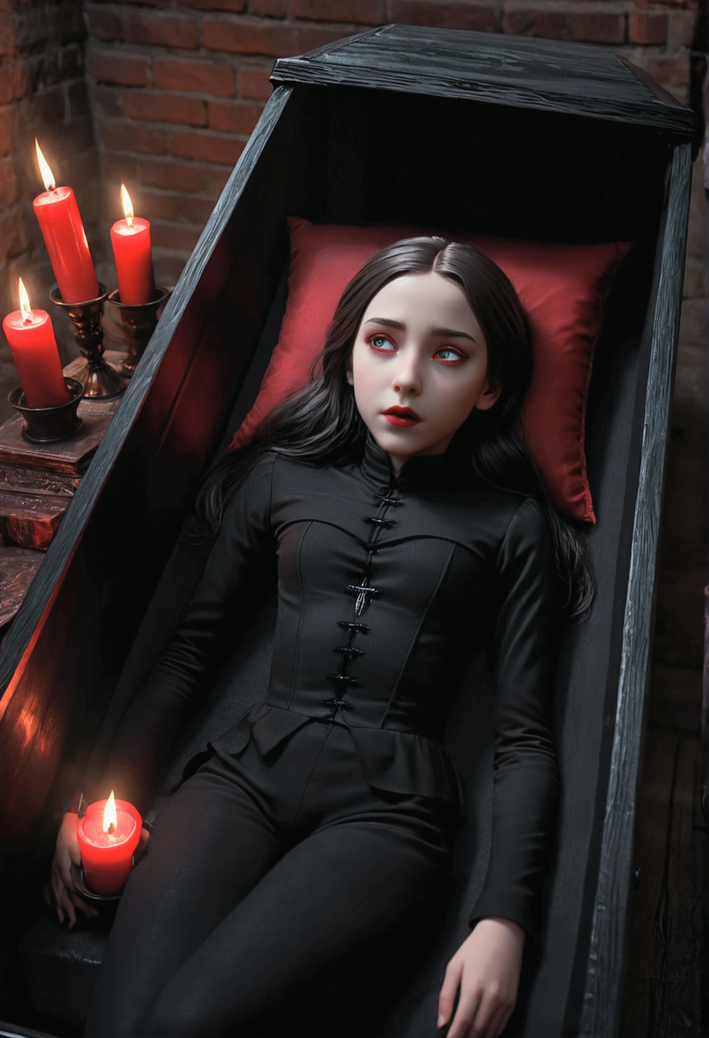 a 11 year old daughter of severus snape, black clothes, sleeping in black coffin, the night, red candles, detailed face, detailed eyes, detailed lips, beautiful porcelain skin, haunting, dark gothic, photorealistic, hyper detailed, dramatic lighting, moody atmosphere, cinematic, (best quality,8k,highres,masterpiece:1.2),ultra-detailed,(realistic,photorealistic,photo-realistic:1.37),HDR,UHD,studio lighting,ultra-fine painting,sharp focus,physically-based rendering,extreme detail description,professional,vivid colors,bokeh