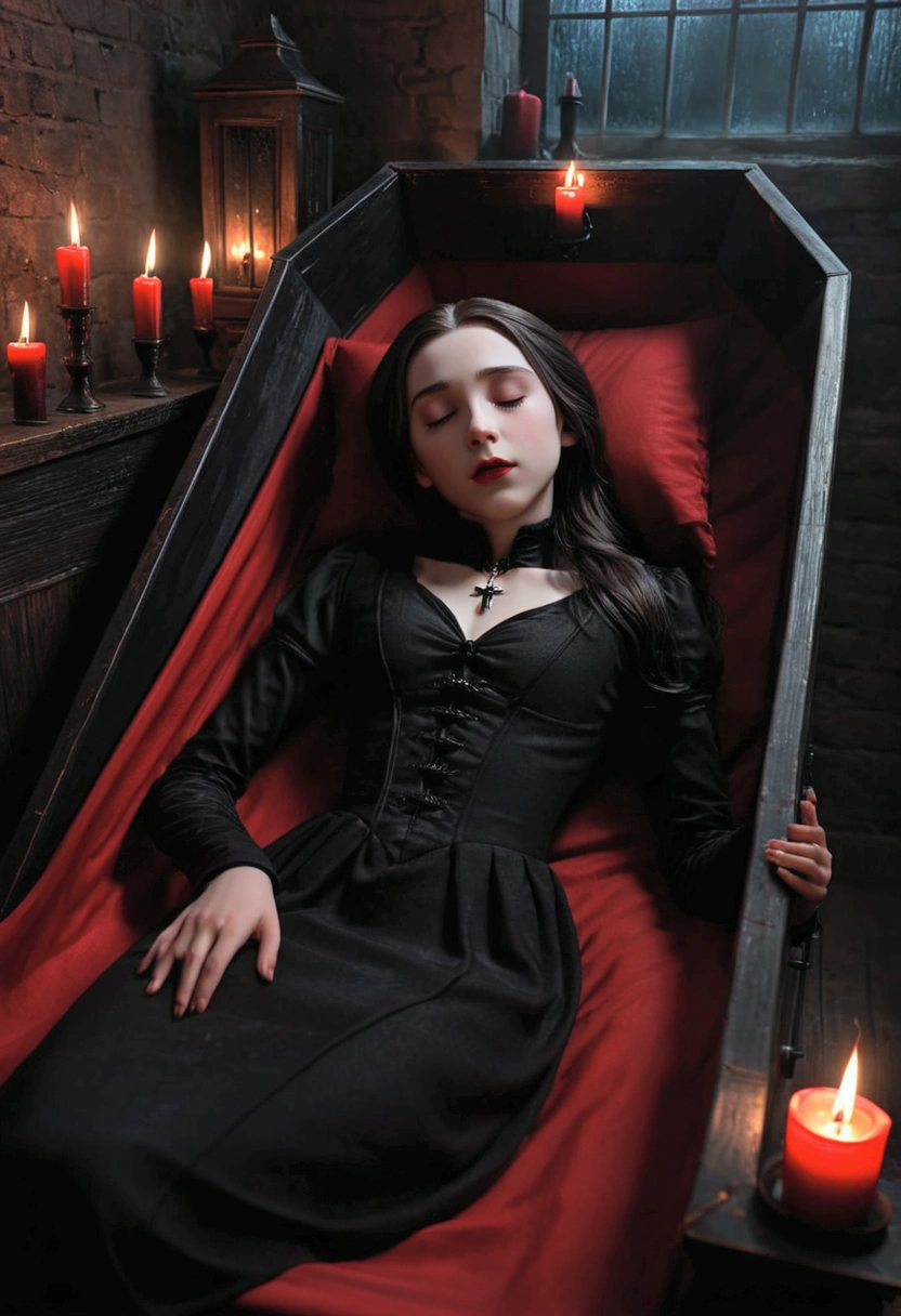 a 11 year old daughter of severus snape, black clothes, sleeping in black coffin, the night, red candles, detailed face, detailed eyes, detailed lips, beautiful porcelain skin, haunting, dark gothic, photorealistic, hyper detailed, dramatic lighting, moody atmosphere, cinematic, (best quality,8k,highres,masterpiece:1.2),ultra-detailed,(realistic,photorealistic,photo-realistic:1.37),HDR,UHD,studio lighting,ultra-fine painting,sharp focus,physically-based rendering,extreme detail description,professional,vivid colors,bokeh