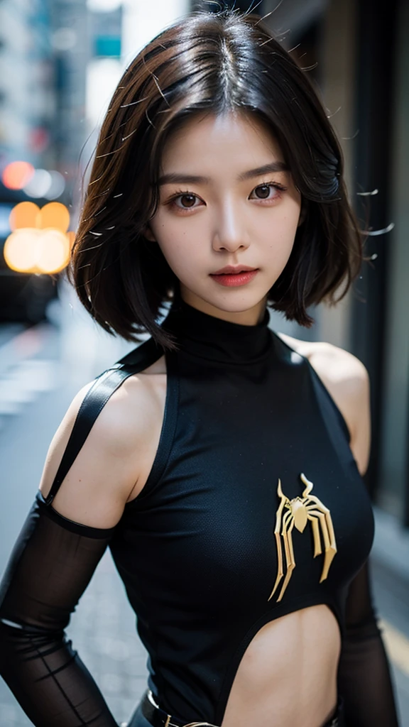 tmasterpiece,1 Korean girl，realisticlying，8K  UHD，high high quality，in the background bokeh, spider-man black and white suit，Spidey，Clothes wrap around the whole body，Tight clothing，Abs contour，Short black hair，s the perfect face，shining face，Ultra-clear face，Elaborate Eyes，idoly