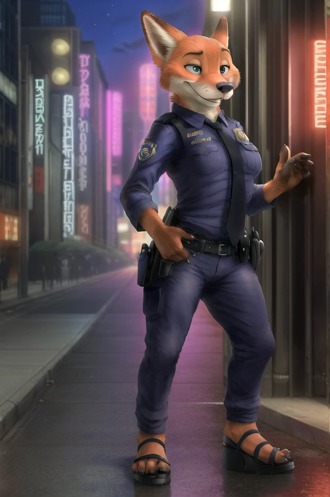 (energetic, by honovy, от zenthetiger, from Sausch), Nick Wilde, (female, big breast), fox, One, introducing, safe, dressed, breast, green eyes, police uniform,sandals with heels, standing, city, street, Tokyo, Akihabara, neon lights, night