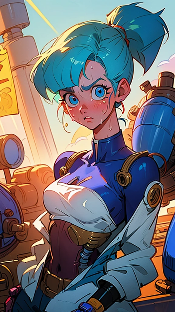 ((((masterpiece, best quality, high resolution)))), Extremely detailed 8K, 1 female, (Bulma from Dragon Ball) wearing a white jacket, (Ultra HD, Ultra-detailed, Highly detailed, Highly realistic, Ultra-realistic, photograph realistic), (1girl:1.5), (Realistic pony tail, blue hair), (dynamic poses), facing at camera, looking at viewer, (a serious focus face), (regular blue eyes, sharp eyes), (perky breasts:1.2), (beautiful detailed face, beautiful detailed eyes), ((slightly sweating)), (working on a mechanical invention), sweat, glow, (sunbeam, sunlight), ((cowboy shot)), laboratory background, seductive, EnvyBetterHands LoCon,