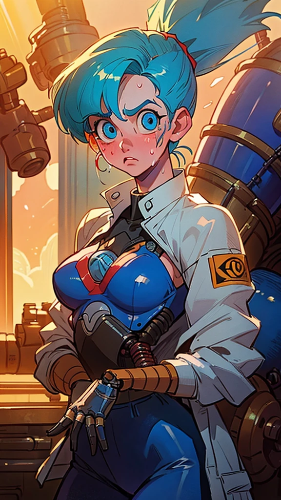 ((((masterpiece, best quality, high resolution)))), Extremely detailed 8K, 1 female, (Bulma from Dragon Ball) wearing a white jacket, (Ultra HD, Ultra-detailed, Highly detailed, Highly realistic, Ultra-realistic, photograph realistic), (1girl:1.5), (Realistic pony tail, blue hair), (dynamic poses), facing at camera, looking at viewer, (a serious focus face), (regular blue eyes, sharp eyes), (perky breasts:1.2), (beautiful detailed face, beautiful detailed eyes), ((slightly sweating)), (working on a mechanical invention), sweat, glow, (sunbeam, sunlight), ((cowboy shot)), laboratory background, seductive, EnvyBetterHands LoCon,