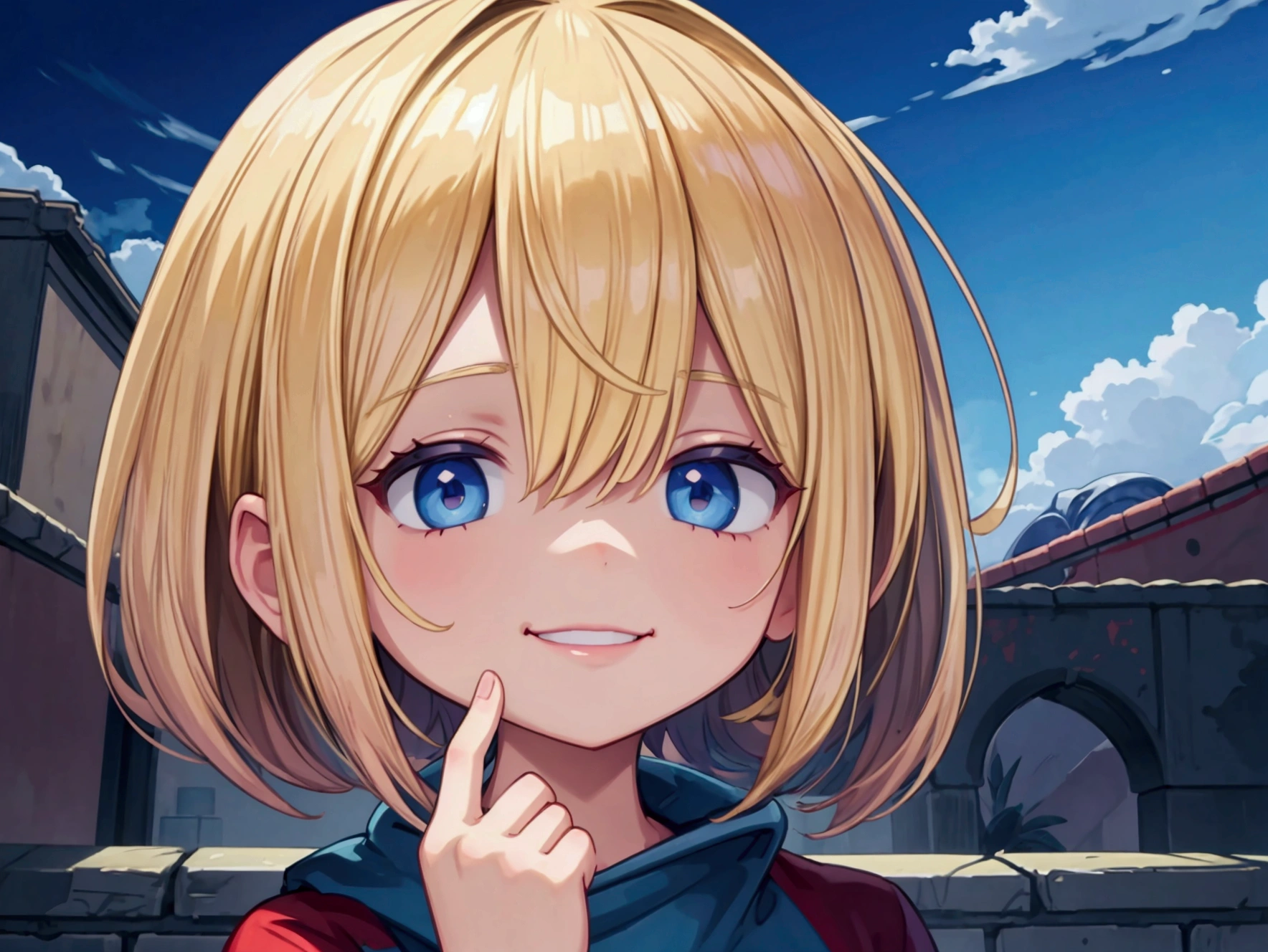 child masterpiece), best quality, high resolution blonde 1child bob cut medium hair standing alone profile image looking at viewer beautiful eyes beautiful face extremely detailed evil smile