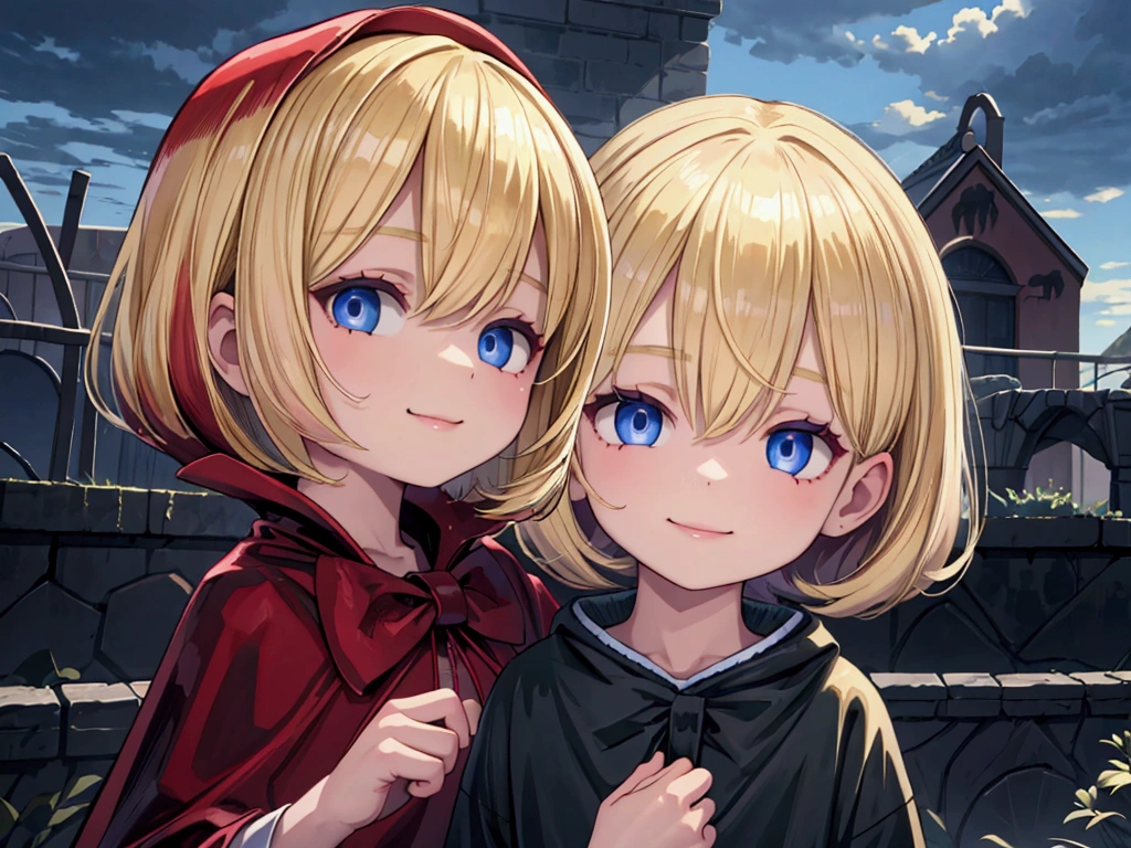 child masterpiece), best quality, high resolution blonde 1child bob cut medium hair standing alone profile image looking at viewer beautiful eyes beautiful face extremely detailed evil smile