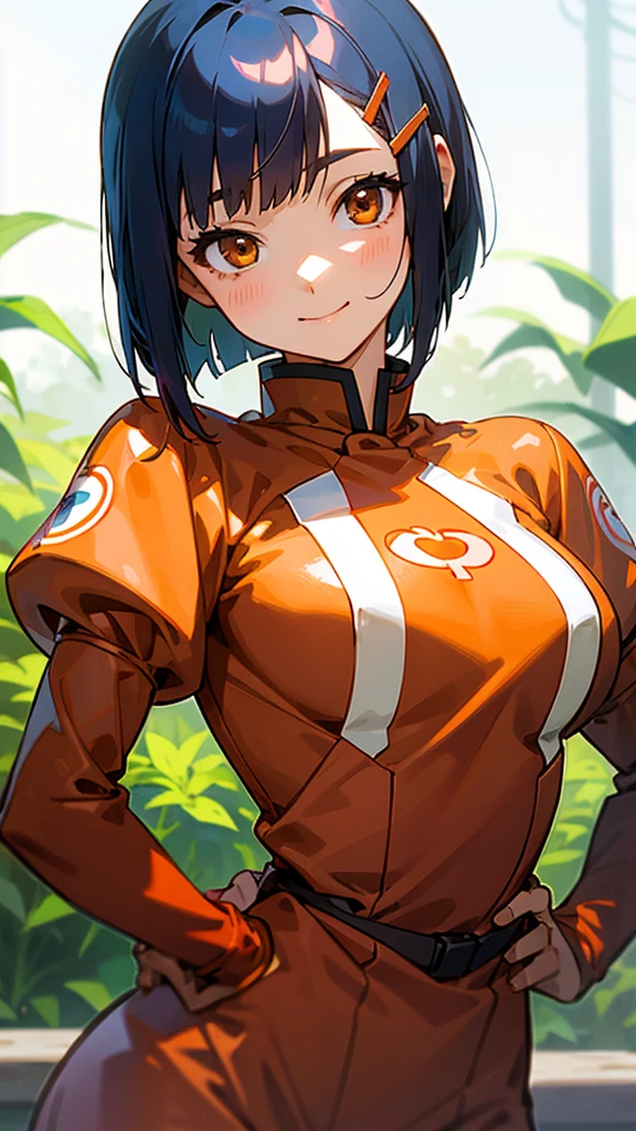 1 girl、Anime Images、shrimp、Shiny dark blue hair、Short Bob Hairstyles、Tie your hair with an orange hair clip、Beautiful brown eyes、smile、Upper body close-up、Stand with hands on hips、garden、Sharp contours、Background Blur、Written boundary depth