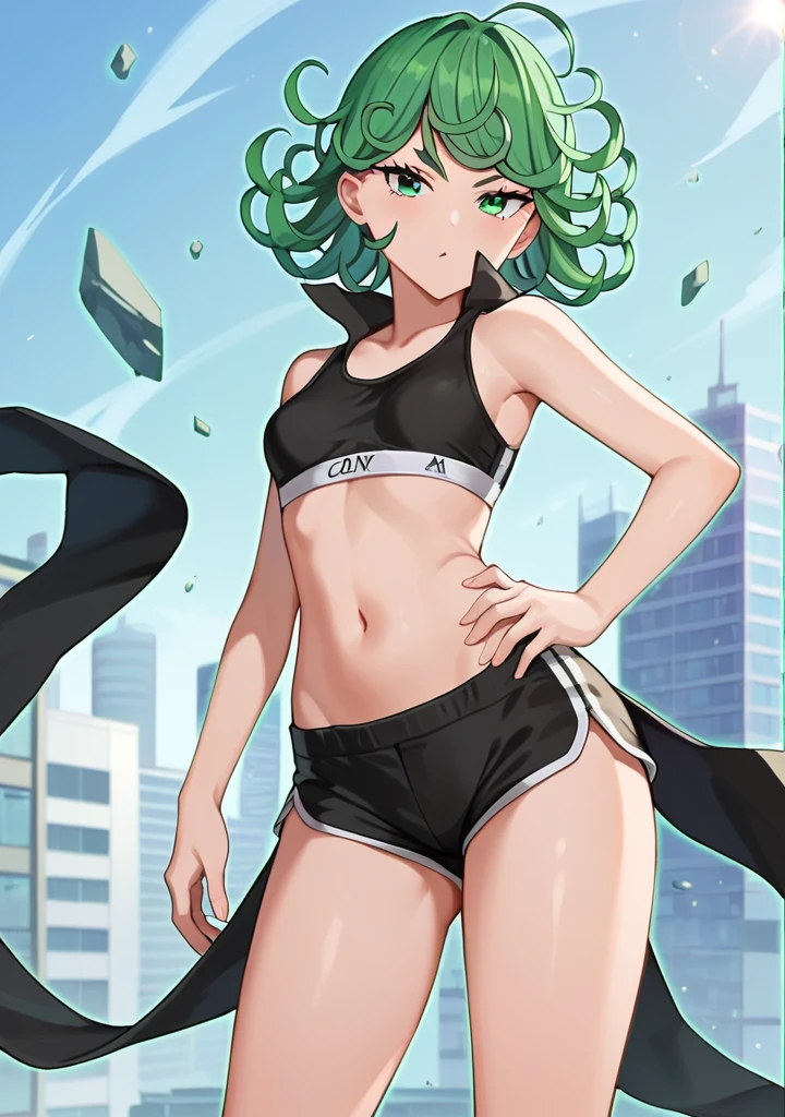 score_8_up, score_7_up, score_6_up, score_5_up, score_4_up, anime screenshot, looking at viewer, upper body,
1girl, tatsumaki, green hair, green eyes,very long hair, thighs, looking at viewer,
Black sports bra, shorts,
BREAK
standing, looking at viewer, city,Straight Hair, Hair Slicked Back,