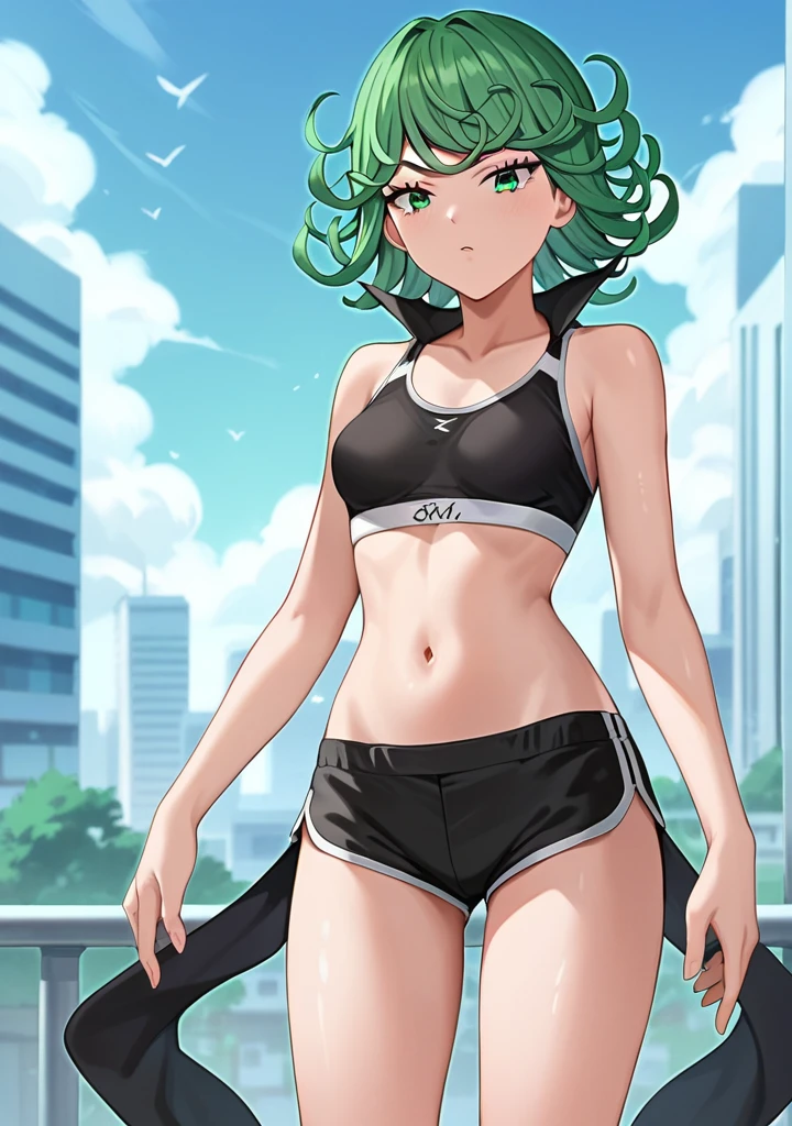 score_8_up, score_7_up, score_6_up, score_5_up, score_4_up, anime screenshot, looking at viewer, upper body,
1girl, tatsumaki, green hair, green eyes,very long hair, thighs, looking at viewer,
Black sports bra, shorts,
BREAK
standing, looking at viewer, city,Straight Hair, Hair Slicked Back, 