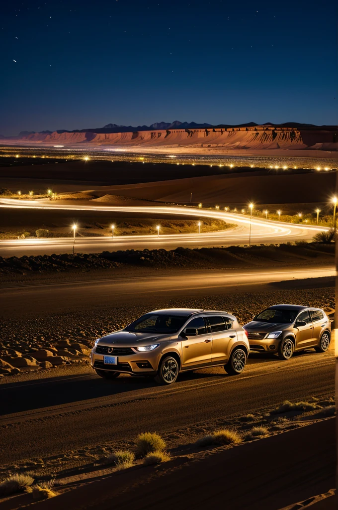 A fleet of cars in Desert at night