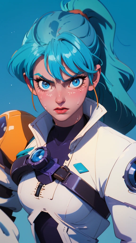 ((((masterpiece, best quality, high resolution)))), Extremely detailed 8K, 1 female, (Bulma from Dragon Ball) wearing a white jacket, (Ultra HD, Ultra-detailed, Highly detailed, Highly realistic, Ultra-realistic, photograph realistic), (1girl:1.5), (Realistic pony tail, blue hair), (dynamic poses), facing at camera, looking at viewer, (a serious focus face), (regular blue eyes, sharp eyes), (perky breasts:1.2), (beautiful detailed face, beautiful detailed eyes), ((slightly sweating)), (working on a mechanical invention), sweat, glow, (sunbeam, sunlight), ((cowboy shot)), laboratory background, seductive, EnvyBetterHands LoCon,