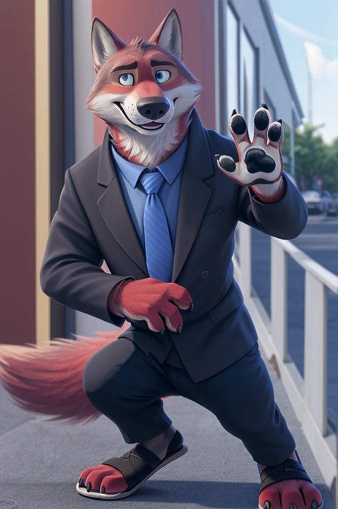 Joachim Wolfbach (Zootopia),tall handsome, wolf,young, 24 years, brown fur, of goals,(red body:1.3),beautiful blue eyes, Moscow Dressed, shirt,blazer, tie,trousers, sandals,canine, wolf, detailed fur, Male, antro, paw pads, finger claws, waving, waving at viewer, 5 fingers, paws, 5 fingers, smile, happy, resting, wrist watch, т nextel, at home goes to the kitchen, by xenoforge, (difficult, high detail, film photography, soft focus, RAW,
photorealism, realistic, photorealistic, digital style, Subsurface scattering masterpiece, Best quality, ultra realistic, 8 K)