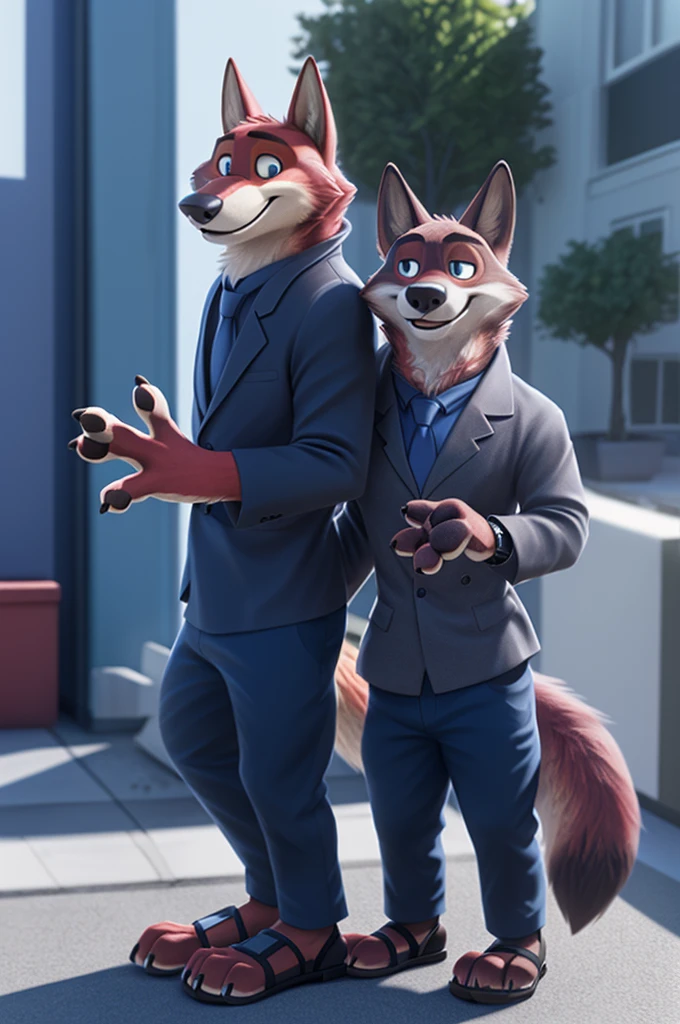 Joachim Wolfbach (Zootopia),tall handsome, wolf,young, 24 years, brown fur, of goals,(red body:1.3),beautiful blue eyes, Moscow Dressed, shirt,blazer, tie,trousers, sandals,canine, wolf, detailed fur, Male, antro, paw pads, finger claws, waving, waving at viewer, 5 fingers, paws, 5 fingers, smile, happy, resting, wrist watch, т nextel, at home goes to the kitchen, by xenoforge, (difficult, high detail, film photography, soft focus, RAW,
photorealism, realistic, photorealistic, digital style, Subsurface scattering masterpiece, Best quality, ultra realistic, 8 K)