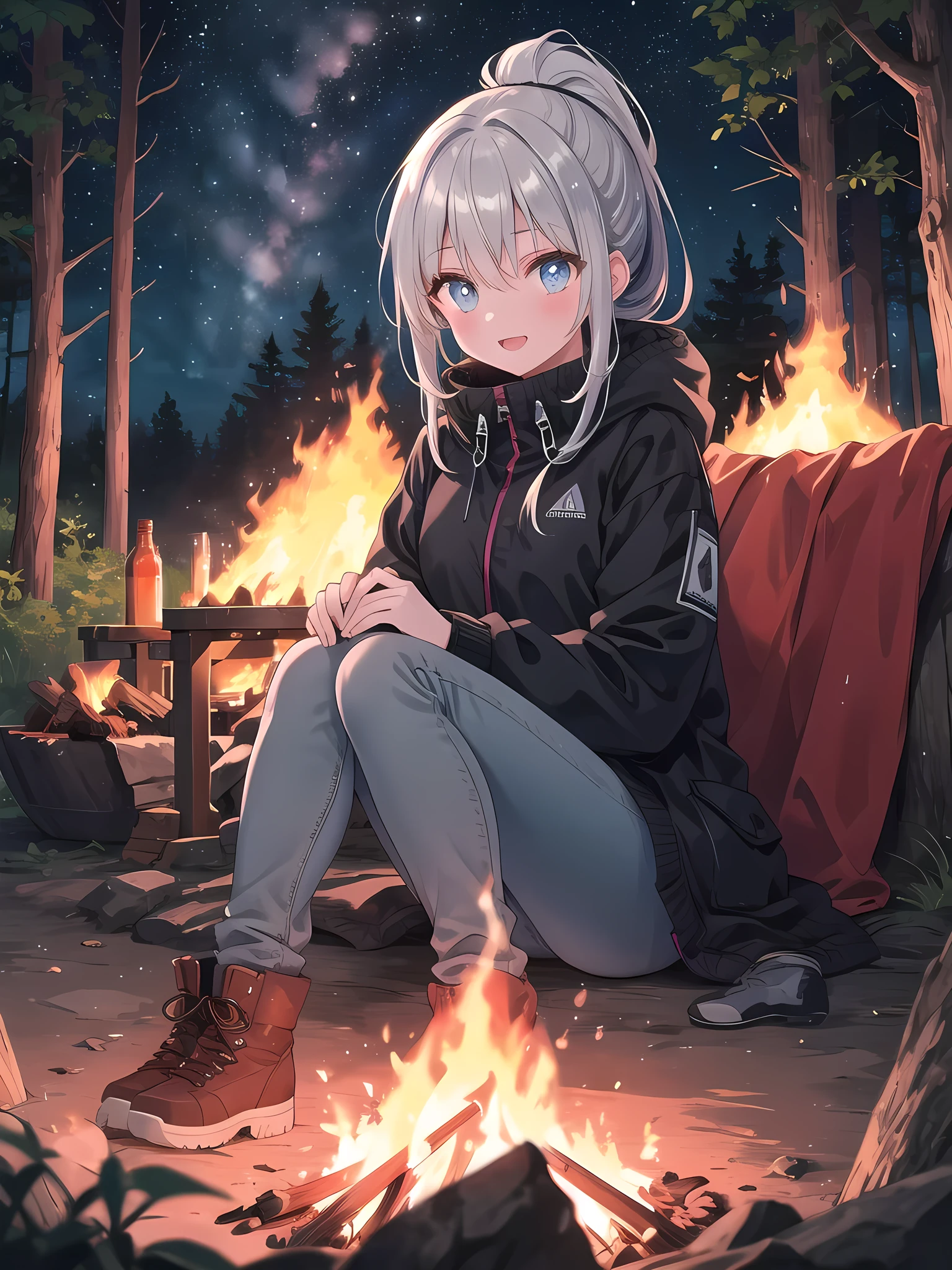 (8k, best quality, master piece: 1.2),super high resolution,1 girl, solo, ((colorshift eyes, hyperdetailed, expressive eyes)), ultra-detailed face, random hair, silver gray color, Ecstatic expression, They are sitting around a campfire in the woods at night. The warm glow of the fire is illuminating the surroundings, and the starry sky is the background. They have loose, silvery hair tied up in a ponytail, a warm fleece jacket, jeans, and hiking boots. They are laughing and gazing into the fire.