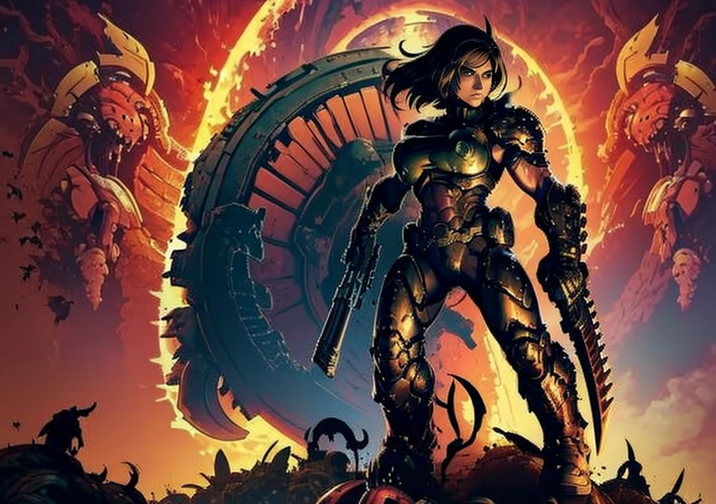 Warrior woman, 1girl, sexy, big breast, shooting monsters in hell, doom armor, no helmet, long hair, hell background, demons, sexy girl, showing armpits, fighting in hell with demons, full body. Wallpaper, big weapons, a lot of monsters attacking, inferno background, lava, creatures flying. Sexy angry woman (((shooting monsters))doom slayer environment.