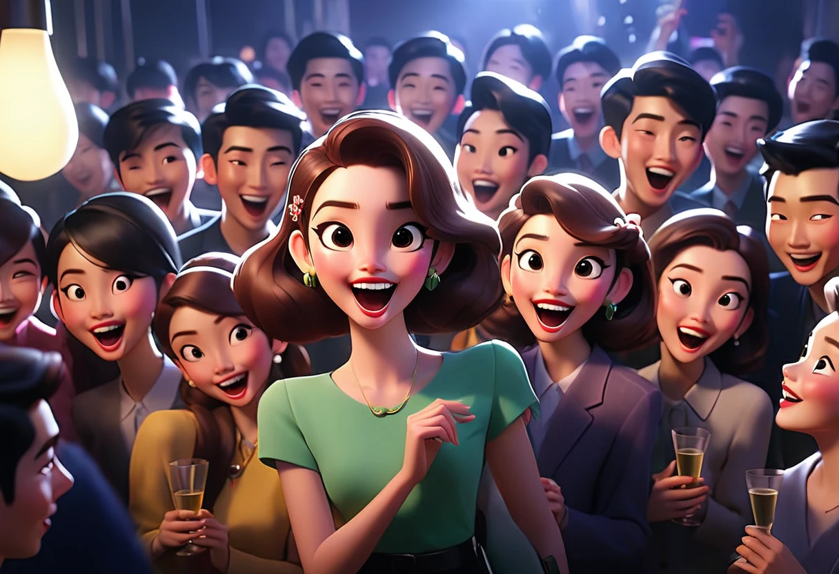 A lively party scene with many people gathered、Image of someone in the spotlight, attracting attention、Only one person was called by name and looked at the camera.