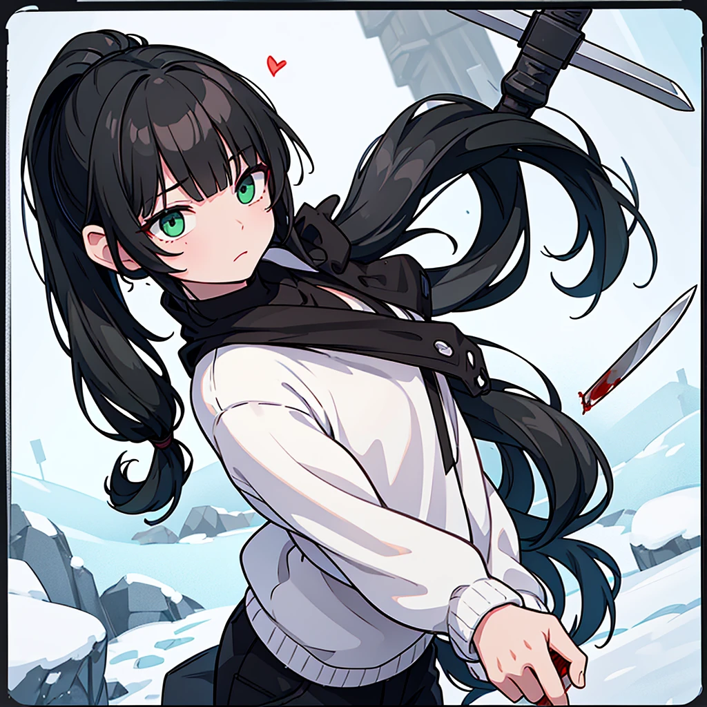 A boy... black hair... Long with bangs and a ponytail... pastel green eyes... sleepy and serene look... snow white skin... a mole under the right eye... unreal beauty... With a card with a heart in his right hand... And on the left with a knife with blood... The boy is dressed in a white sweater with blood stains...