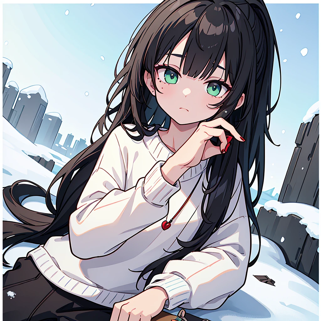 A boy... black hair... Long with bangs and a ponytail... pastel green eyes... sleepy and serene look... snow white skin... a mole under the right eye... unreal beauty... With a card with a heart in his right hand... And on the left with a knife with blood... The boy is dressed in a white sweater with blood stains...