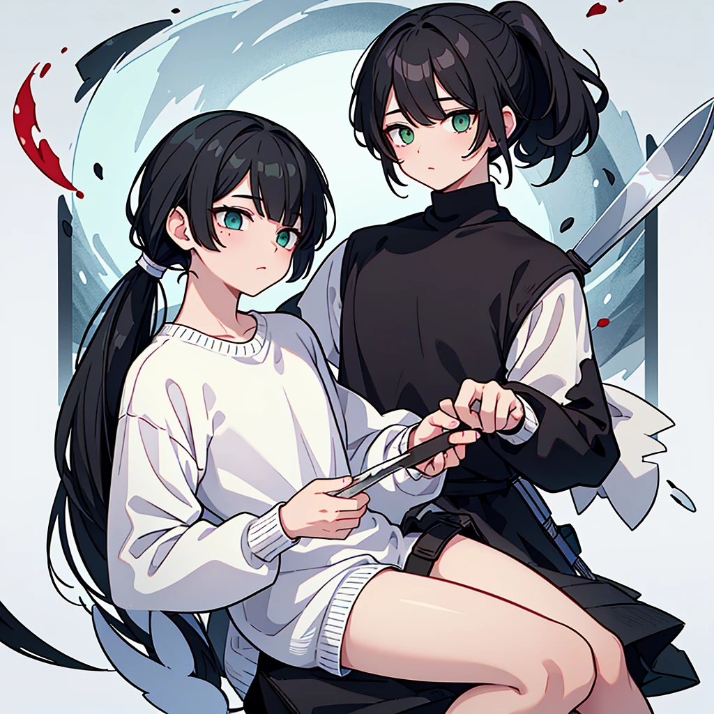 A boy... black hair... Long with bangs and a ponytail... pastel green eyes... sleepy and serene look... snow white skin... a mole under the right eye... unreal beauty... With a card with a heart in his right hand... And on the left with a knife with blood... The boy is dressed in a white sweater with blood stains...