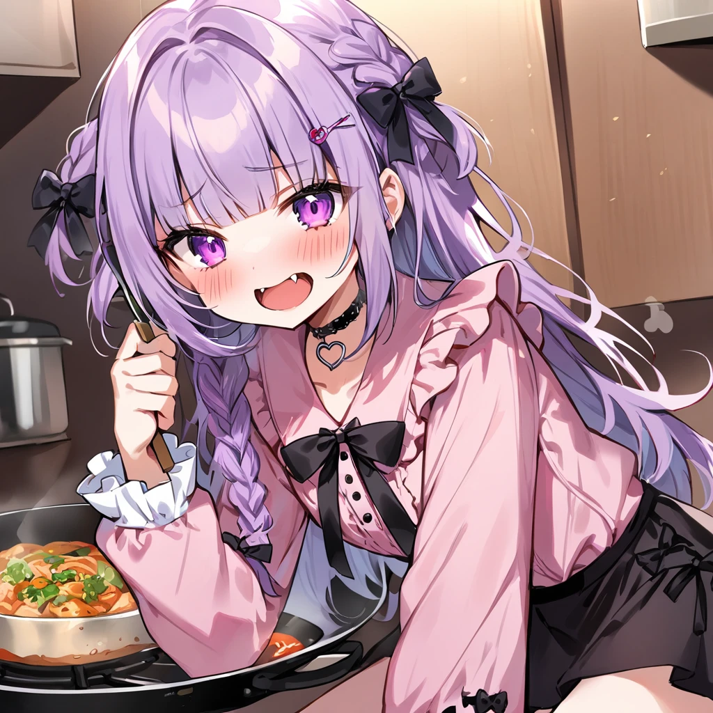 Top quality, masterpiece,a girl and a female,
, peal purple and blunt bangs hair, twin braids, eyes closed, mouth wide open and screaming, blushing, smilng,fangs,(a girl with closs hair pin,
pink shirt,cosplay, jirai kei, bangs, black skirt, black bow, looking at viewer, bow, long sleeves, choker, ribbon,:1.4),A girl stir-frying food in the kitchen with a frying pan in hand,