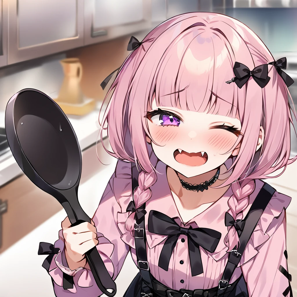 Top quality, masterpiece,a girl and a female,
, peal purple and blunt bangs hair, twin braids, eyes closed, mouth wide open and screaming, blushing, smilng,fangs,(a girl with closs hair pin,
pink shirt,cosplay, jirai kei, bangs, black skirt, black bow, looking at viewer, bow, long sleeves, choker, ribbon,:1.4),A girl stir-frying food in the kitchen with a frying pan in hand,