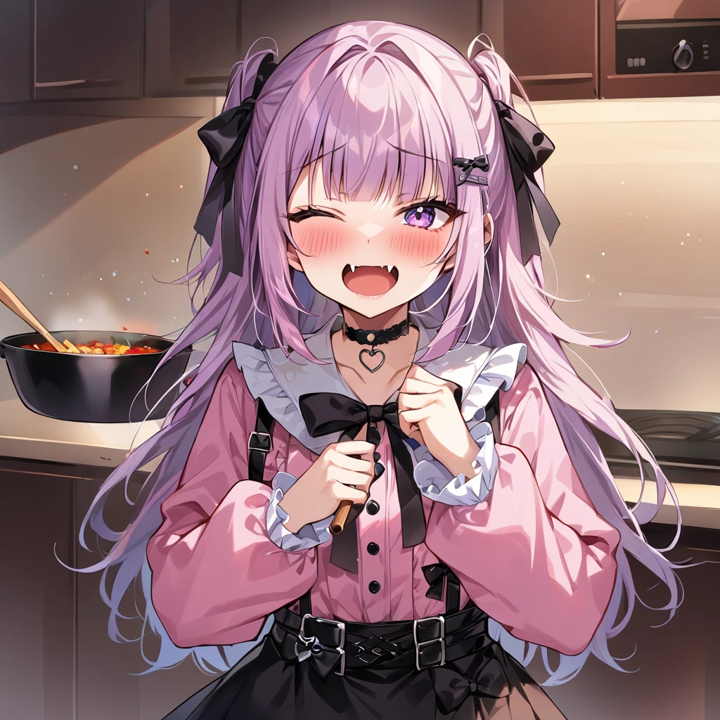 Top quality, masterpiece,a girl and a female,
, peal purple and blunt bangs hair, twin braids, eyes closed, mouth wide open and screaming, blushing, smilng,fangs,(a girl with closs hair pin,
pink shirt,cosplay, jirai kei, bangs, black skirt, black bow, looking at viewer, bow, long sleeves, choker, ribbon,:1.4),A girl stir-frying food in the kitchen with a frying pan in hand,