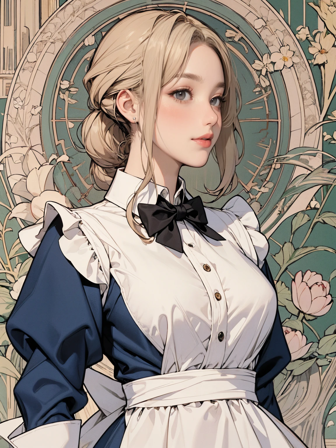 (masterpiece:1.1),(super realistic:1.0)(extremely detailed, intricate details, highres,2.5d:1.1),(profile photo), 1girl, (medium shot), beautiful woman,(Violet Evergarden:1.3), makeup, large breasts, (lip stick:1.1), (eye line:1.2), mascara, (smile eyes:1.25),(smile:1.4), (happy smiling:1.4), (upper-tooth:1.0), BREAK (bowtie), (Detailed Maid:1.4),crepe_fabric_Detailed_Clothes,puffies_long_Detailed_sleeves, soft shadow to face, BREAK (background is pale tone:1.4), (background is beautiful gorgeous garden), (lot of flower), Create a luxurious atmosphere, organic shape and Nature-inspired garden, BREAK (Art Nouveau:1.4), flowing lines, organic shape, complex pattern, (Decorative flat insect design, elegant forms, Natural Inspiration),