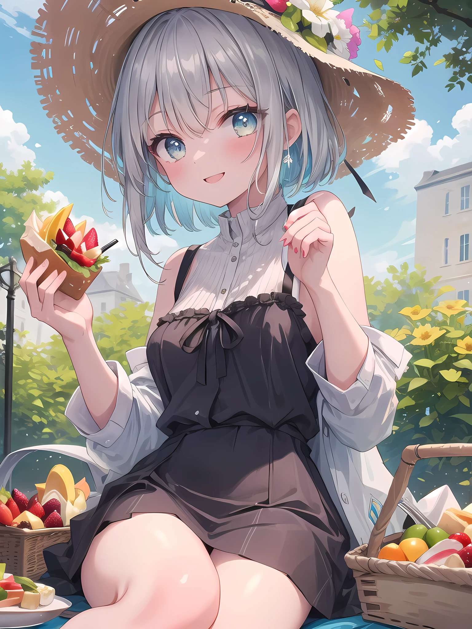 (8k, best quality, master piece: 1.2),super high resolution,1 girl, solo, ((colorshift eyes, hyperdetailed, expressive eyes)), ultra-detailed face, random hair, silver gray color, Ecstatic expression, A woman is having a picnic in a lush park. Colorful picnic sheets are spread out under the blue sky, with fruit and sandwiches laid out. She has short silver hair, a floral sundress, and a straw hat. She is smiling and relaxed as she enjoys her food.