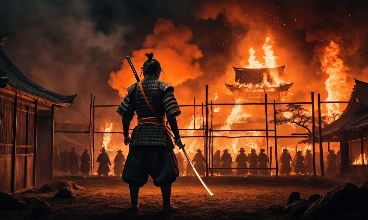 a samurai standing in foreground showing his back holding katana and watching towars the village burning and few people are inside the cages, the atmosphere is dark and scary, the tone is orange