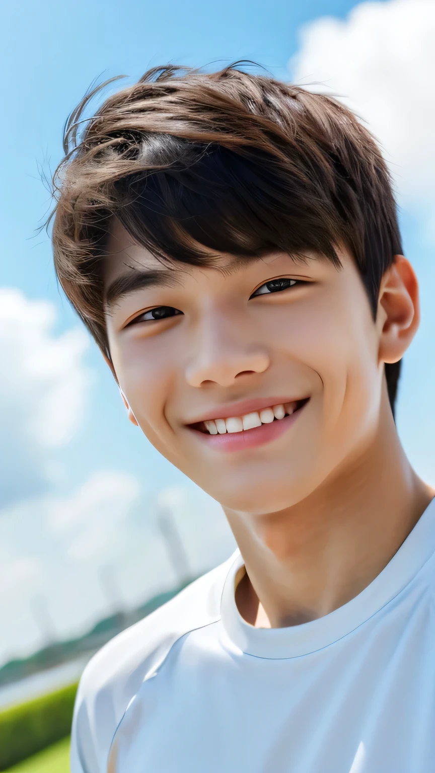Highest quality, masterpiece, Ultra-high resolution, (Realistic: 1.4), Original photo, wallpaper, Head Photo, skin, Simple Background, Iris, detailed, Selfie, 1 boy, 18-year-old, good looking, Wind,Sports,smile
