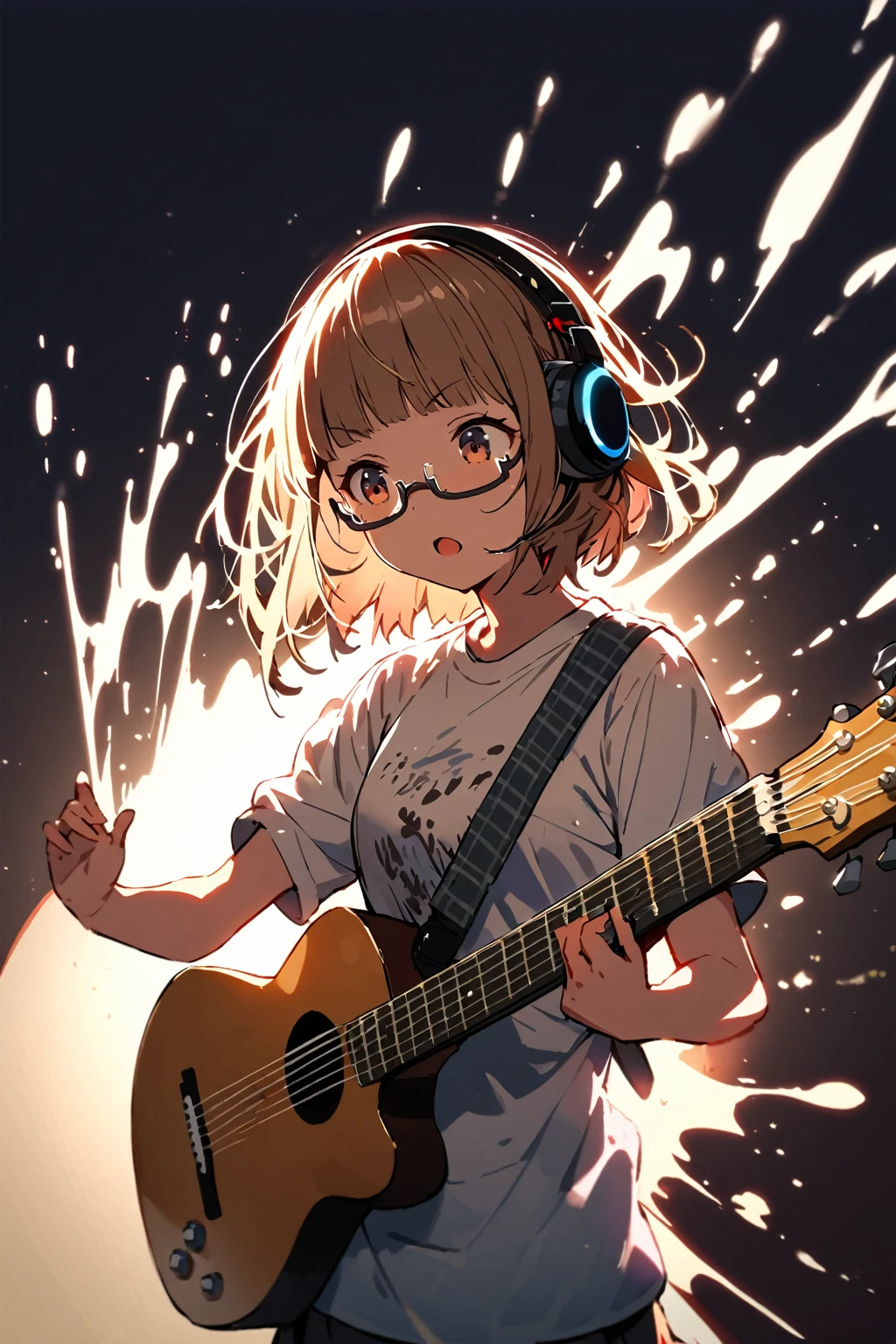 (extremely detailed fine touch:1.3), (((semi-rimless eyewear:1.3))), (headphone:1.2), short hair, blunt bangs, 1 girl, shirt, playing guitar, sing a song, fluttering hair, splash, spotlight, simple background,
