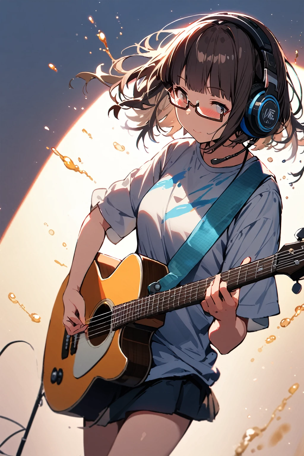 (extremely detailed fine touch:1.3), (((semi-rimless eyewear:1.3))), (headphone:1.2), short hair, blunt bangs, 1 girl, shirt, playing guitar, sing a song, fluttering hair, splash, spotlight, simple background,