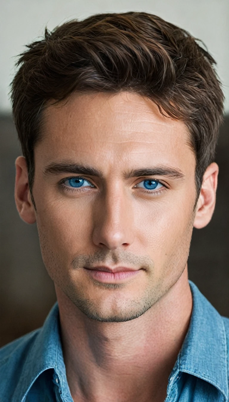 "A handsome man with short brown hair and no beard. Your eyes are an intense blue. He has a normal expression, no smile."