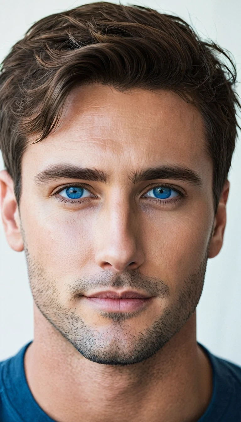 "A handsome man with short brown hair and no beard. Your eyes are an intense blue. He has a normal expression, no smile."