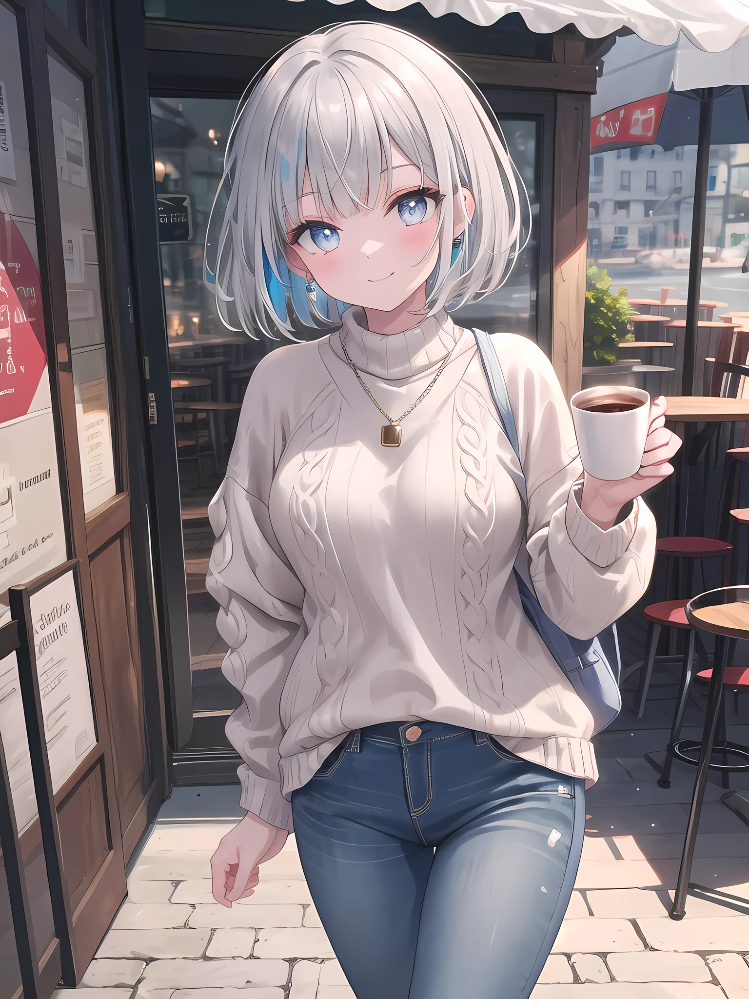 (8k, best quality, master piece: 1.2),super high resolution,1 girl, solo, ((colorshift eyes, hyperdetailed, expressive eyes)), ultra-detailed face, random hair, silver gray color, Ecstatic expression,She is relaxing on the terrace of a trendy cafe, holding a coffee cup and enjoying the view around her. She has a silver bob haircut, a casual sweater and jeans, and is smiling serenely at the camera.