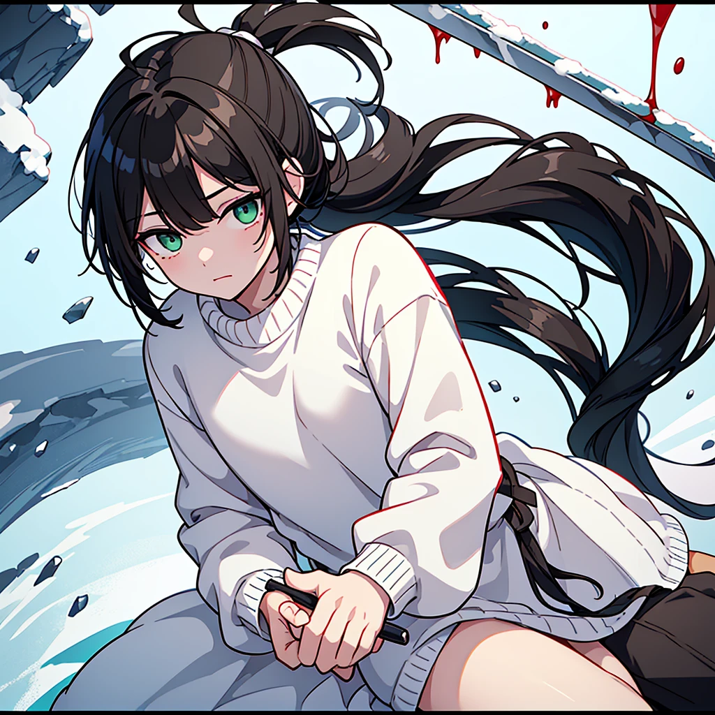 A boy... black hair... Long with bangs and a ponytail... pastel green eyes... sleepy and serene look... snow white skin... a mole under the right eye... unreal beauty... With a card with a heart in his right hand... And on the left with a knife with blood... The boy is dressed in a white sweater with blood stains...