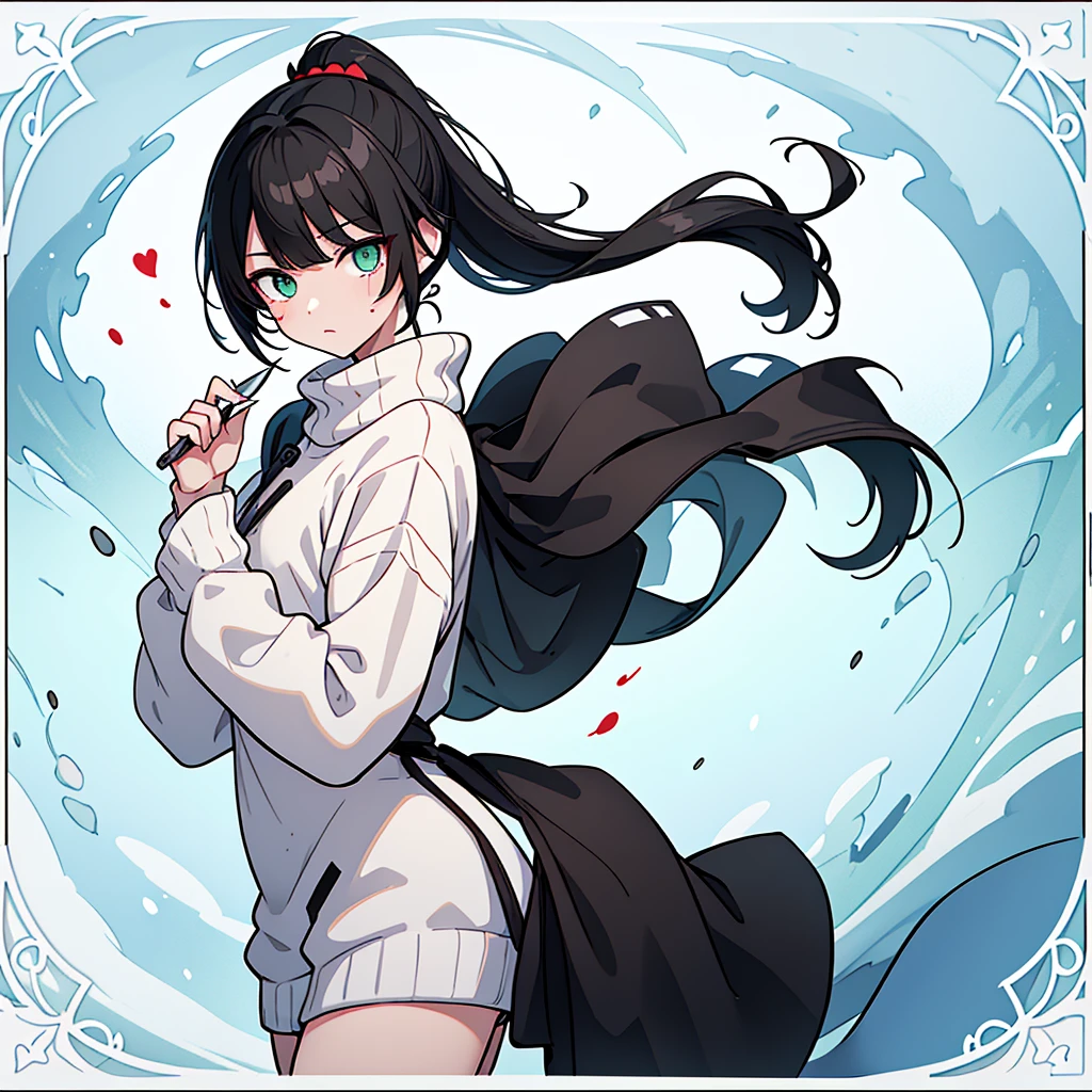 A boy... black hair... Long with bangs and a ponytail... pastel green eyes... sleepy and serene look... snow white skin... a mole under the right eye... unreal beauty... With a card with a heart in his right hand... And on the left with a knife with blood... The boy is dressed in a white sweater with blood stains...