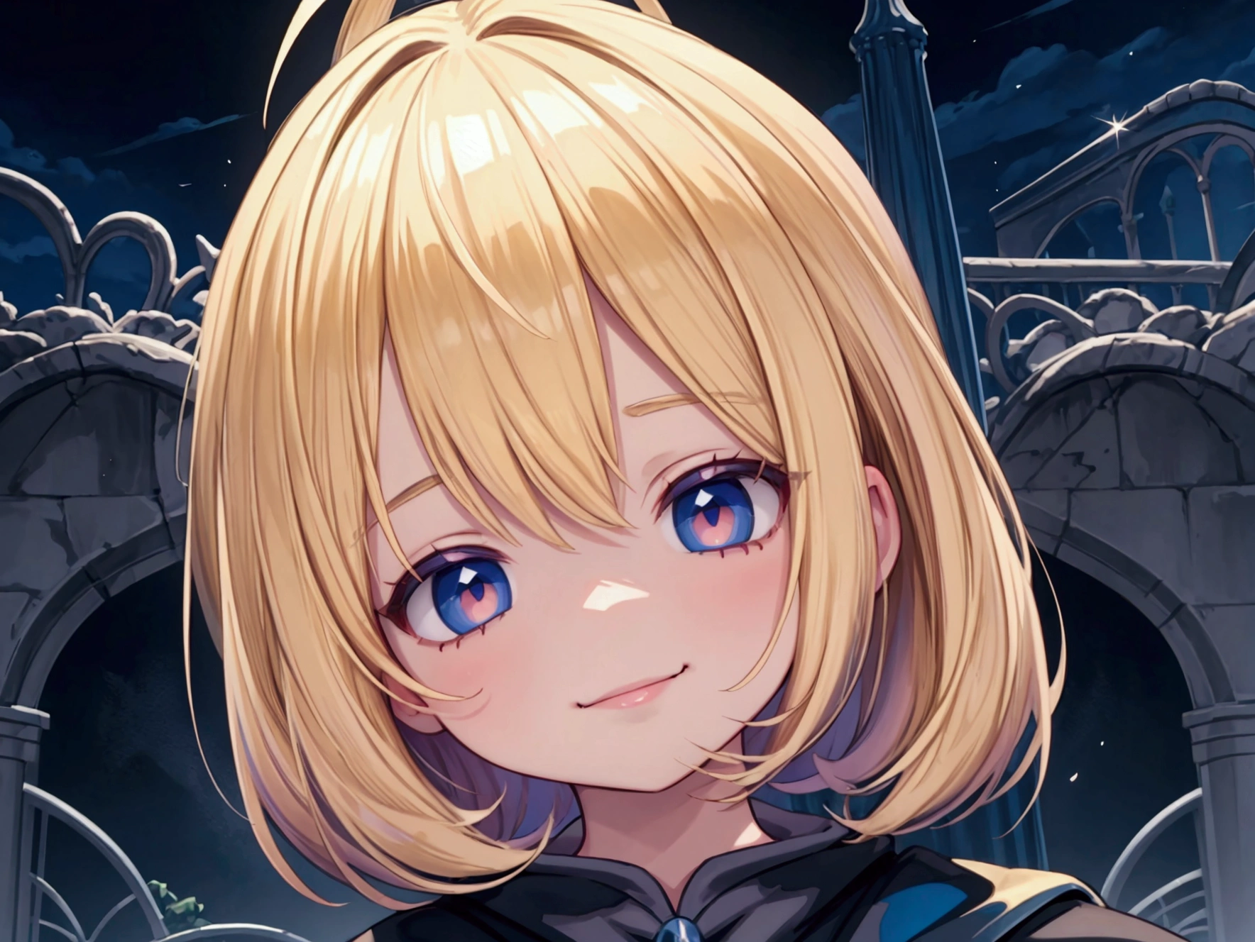 child masterpiece), best quality, high resolution blonde 1child bob cut medium hair standing alone profile image looking at viewer beautiful eyes beautiful face extremely detailed evil smile