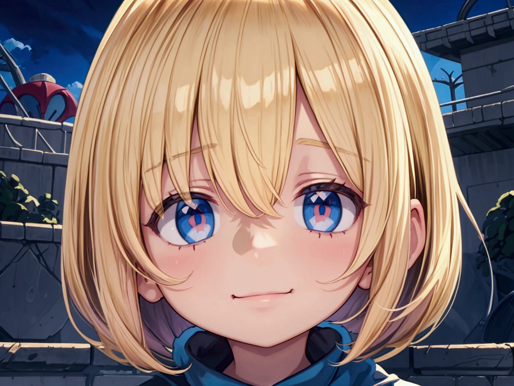  masterpiece), best quality, high resolution blonde 1child bob cut medium hair standing alone profile image looking at viewer beautiful eyes beautiful face extremely detailed evil smile