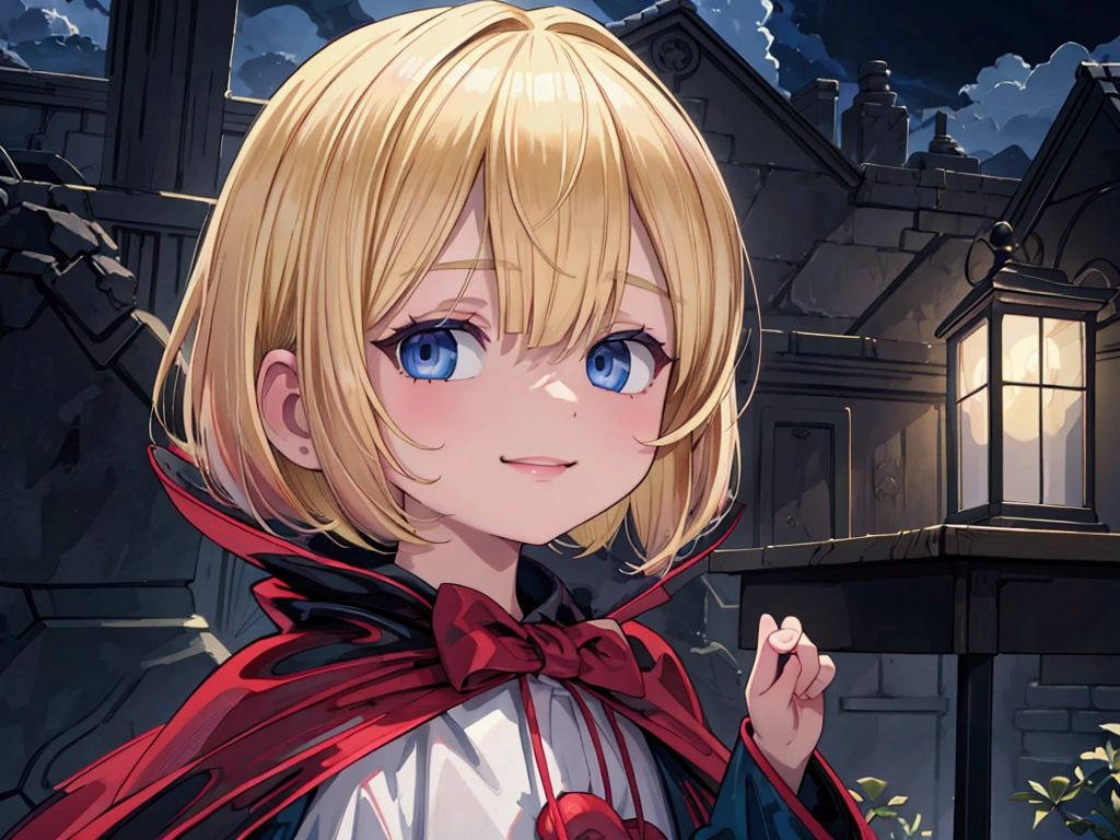 child masterpiece), best quality, high resolution blonde 1child bob cut medium hair standing alone profile image looking at viewer beautiful eyes beautiful face extremely detailed evil smile