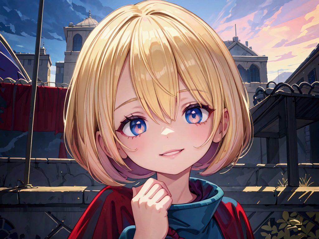 child masterpiece), best quality, high resolution blonde 1child bob cut medium hair standing alone profile image looking at viewer beautiful eyes beautiful face extremely detailed evil smile