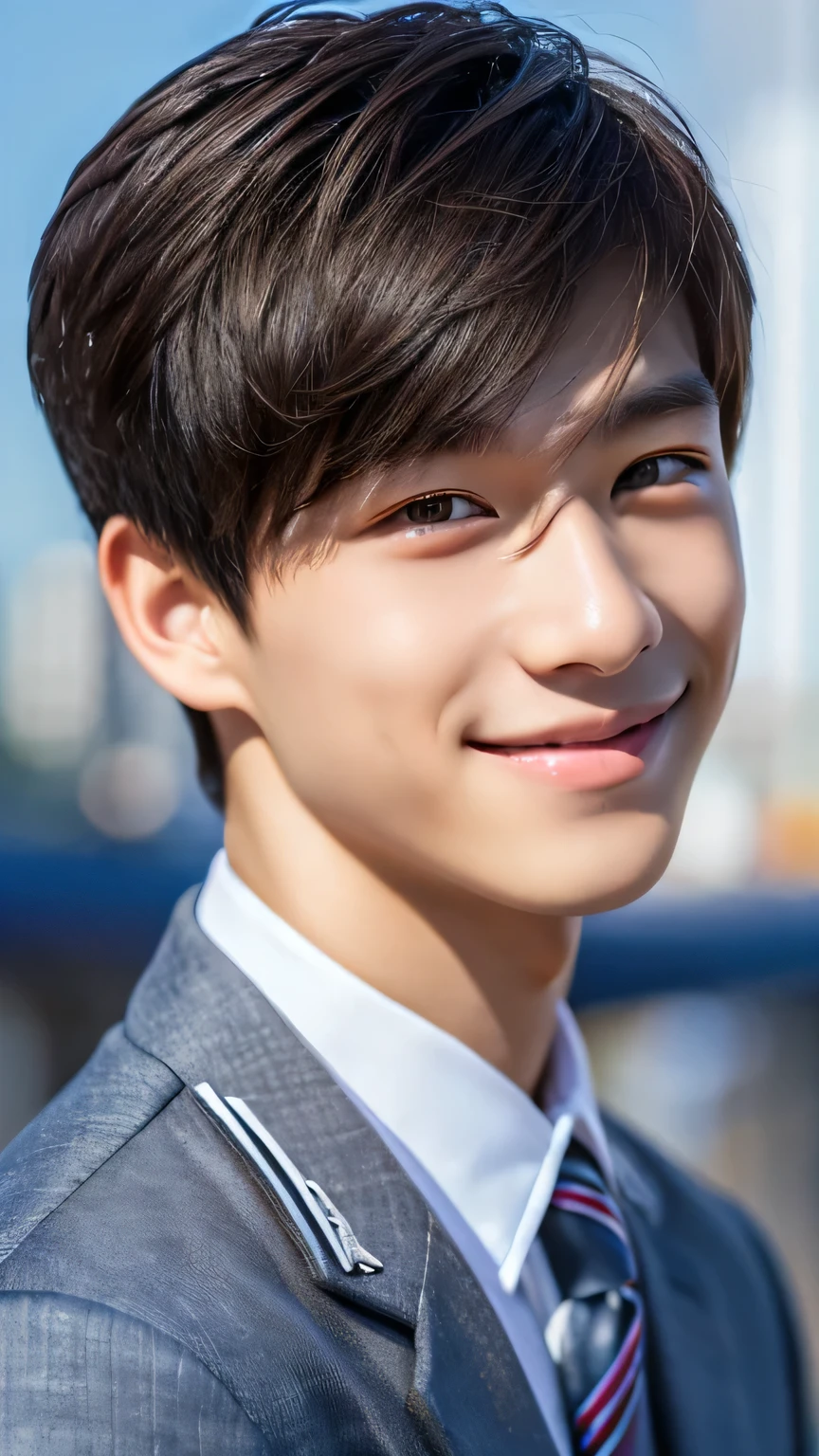 Highest quality, masterpiece, Ultra-high resolution, (Realistic: 1.4), Original photo, wallpaper, Head Photo, skin, Simple Background, Iris, detailed, Selfie, 1 boy, 18-year-old, good looking, Wind,smile,uniform