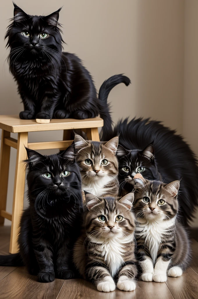 ((masterpiece)), ((epic)) vster black main coon cat with long hair, mother white brown black short fur, 3 kittens