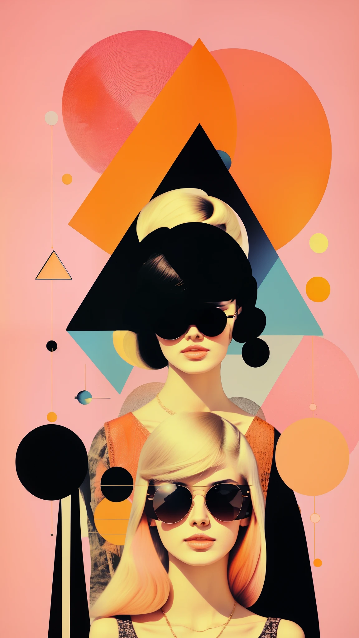 There is a triangle and a crescent moon above his head.、One blonde European woman wearing sunglasses on a pink background with orange circles