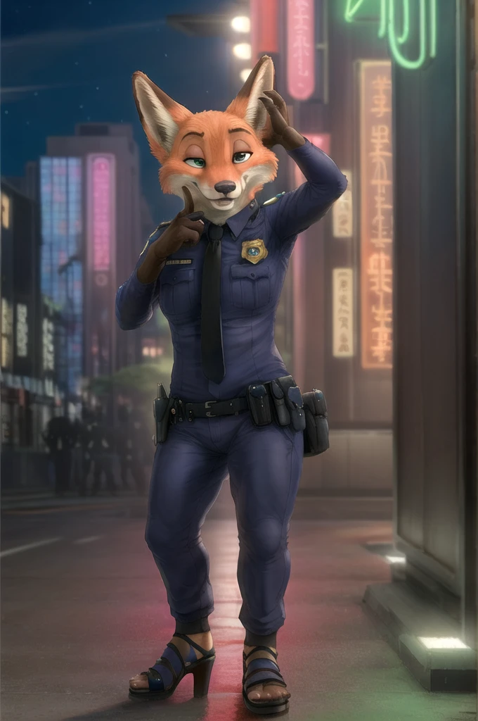 (energetic, by honovy, от zenthetiger, from Sausch), Nick Wilde, (female, big breast), fox, One, introducing, safe, dressed, breast, green eyes, police uniform,sandals with heels, standing, city, street, Tokyo, Akihabara, neon,day