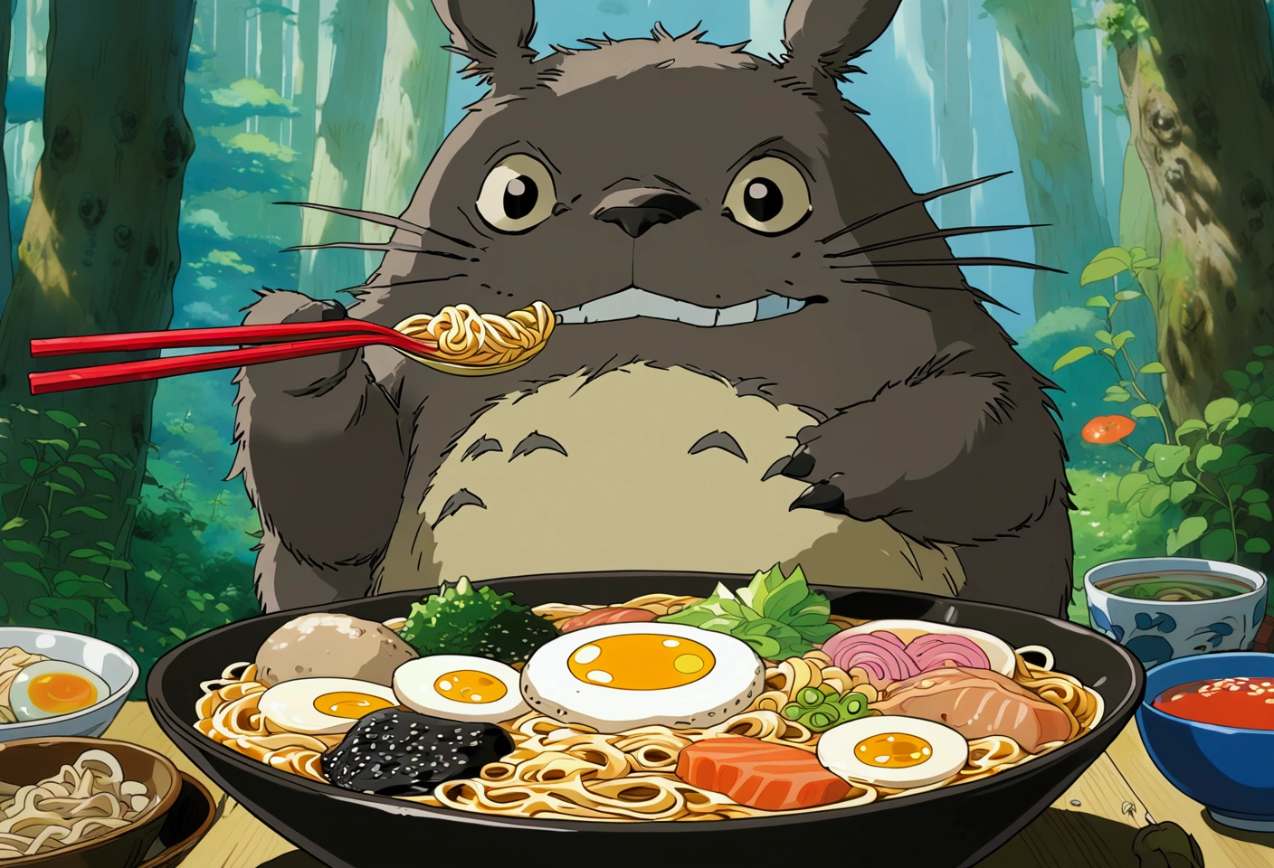 NijiEX style. Anime artwork.  Totoro eating a bowl of ramen while a small black is looking.  style by Studio Ghibli