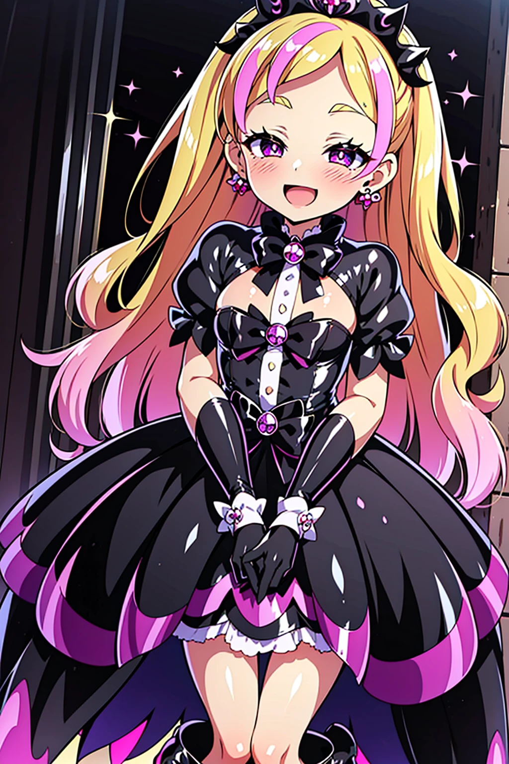 cure flora, 1 girl, blonde hair, black hair ornament, (gothic lolita:1.3), black long skirt, black tiara, wrist cuffs, black gloves, (black gothic dress:1.3), low bat wings, black fur, pink ribbon, blush cheeks, black enamel boots, corruption, half-closed eyes, Jewelry, no pupils, (evil smile), (shiny fabric:1.5), open mouth, dark magical girl