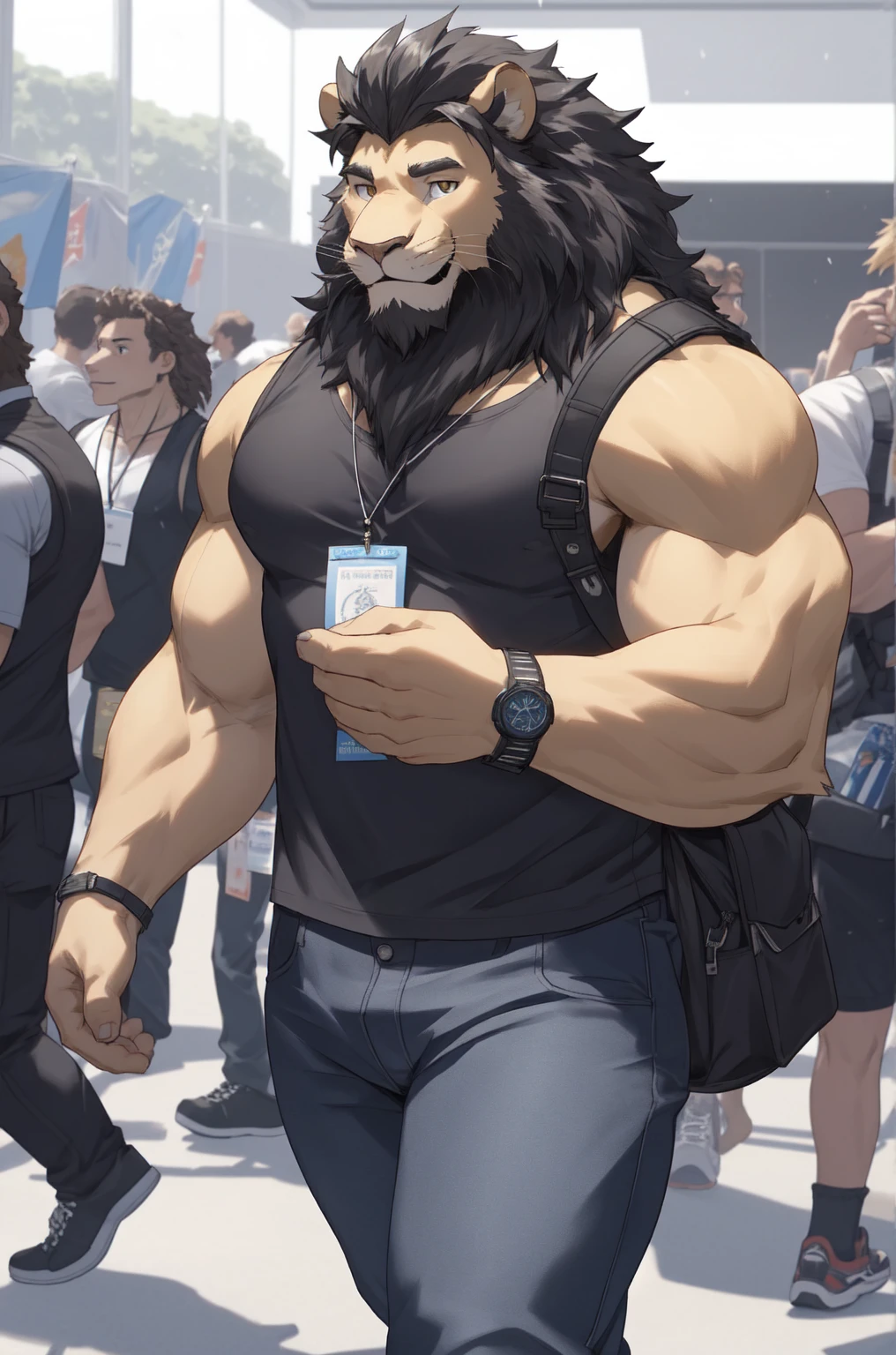 A male lion, yellow fur, black hairy mane, wearing a black tank top, wearing blue jeans, wearing a black backpack, wearing a convention badge necklace, at a convention, happy, hd 8k