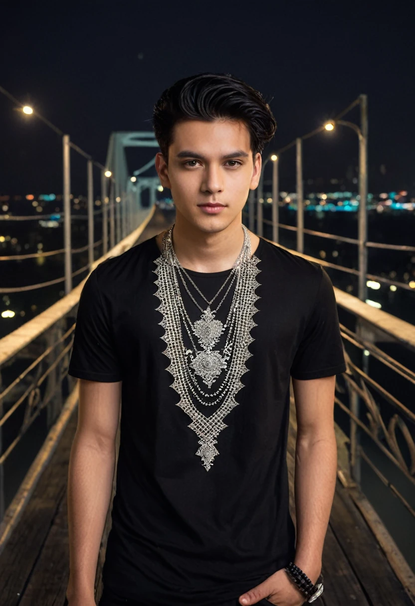The image shows a young man with dark hair and a necklace wearing a black shirt with a white design. He is standing on a bridge at night.