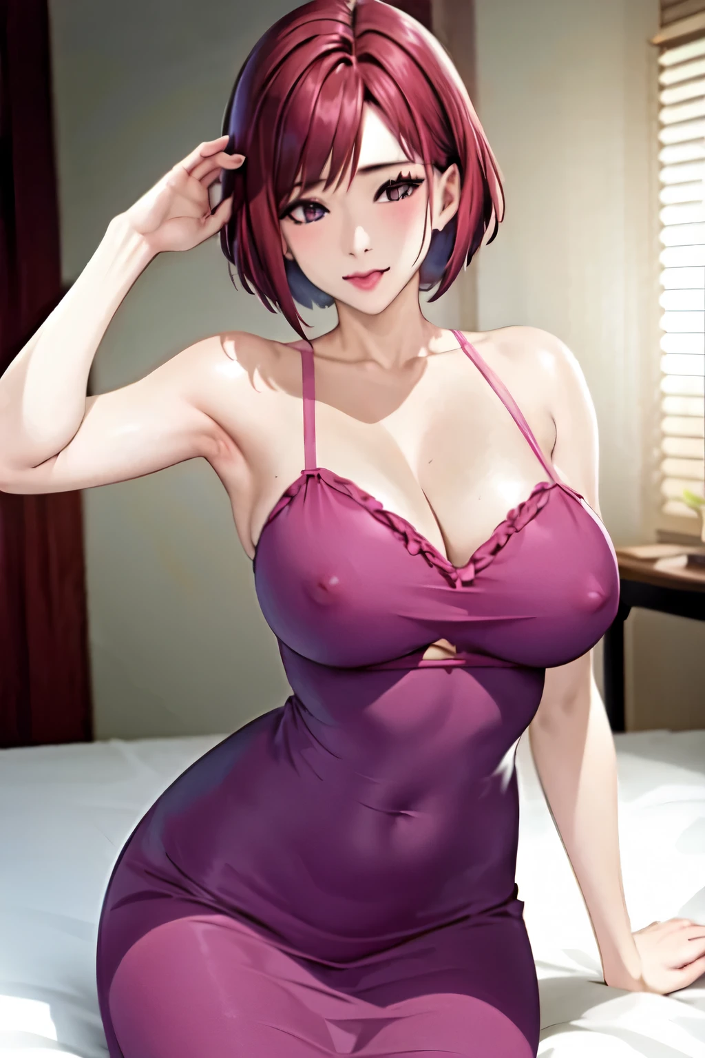 ((best quality)), ((masterpiece)), (detailed), milf, sexy pink dress, hips up, หน้าอกใหญ่มาก, short hair cut, Red Hair, แสงแบบภาพยนต์, Sexy pose, on bed,