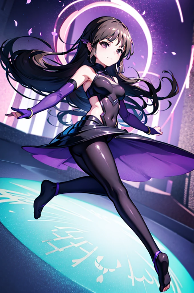 Highest quality　Highest quality　Draw a face carefully　High quality anime style faces　Super shiny skin　Black full body suit　Purple Pantyhose　barefoot　Succubus　Lure　smile　Rear View　Back view