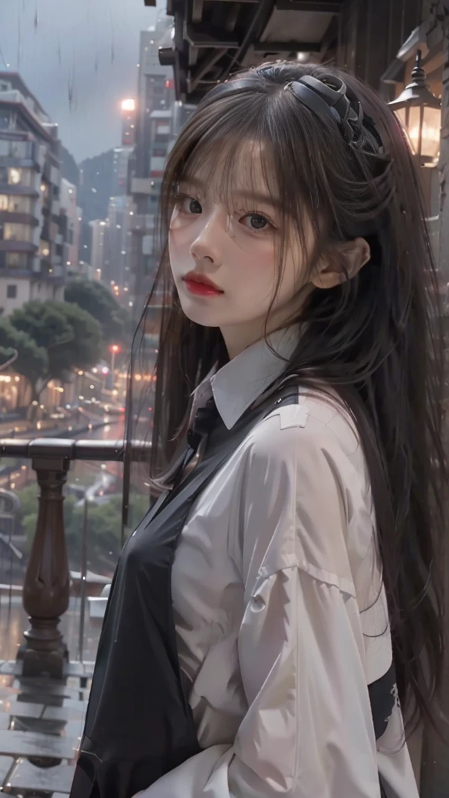 Masterpiece, best quality, extra detail, cute, dramatic, rainy, dark, ruins city, a girl, long silver straight hair, far angle